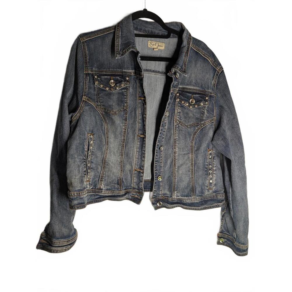 Earl Jean Womens Jean Denim Jacket fits like 16 bling diamond rhinestones studs
